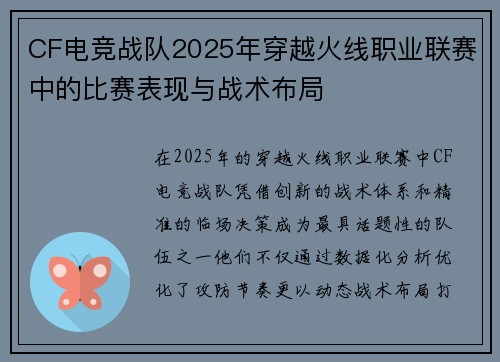 CF电竞战队2025年穿越火线职业联赛中的比赛表现与战术布局